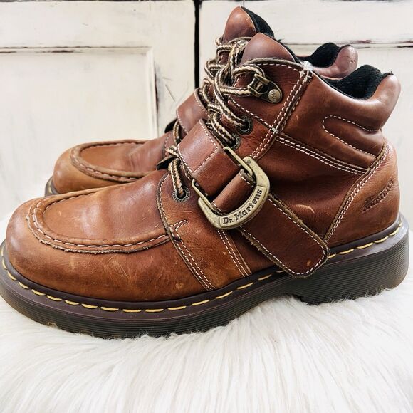 Doc Martens Brown Leather Side Buckle Chunky Lug Vintage Y2K 90's Boots Mens 9 - Picture 1 of 9